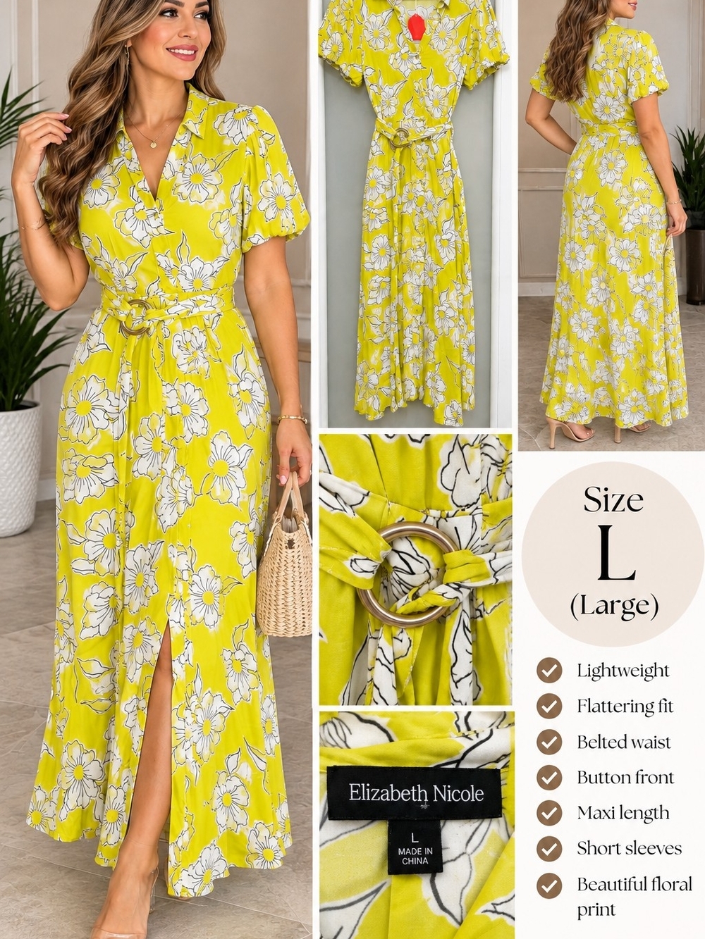 Elizabeth Nicole Yellow Floral Maxi Dress with Belt - Large
